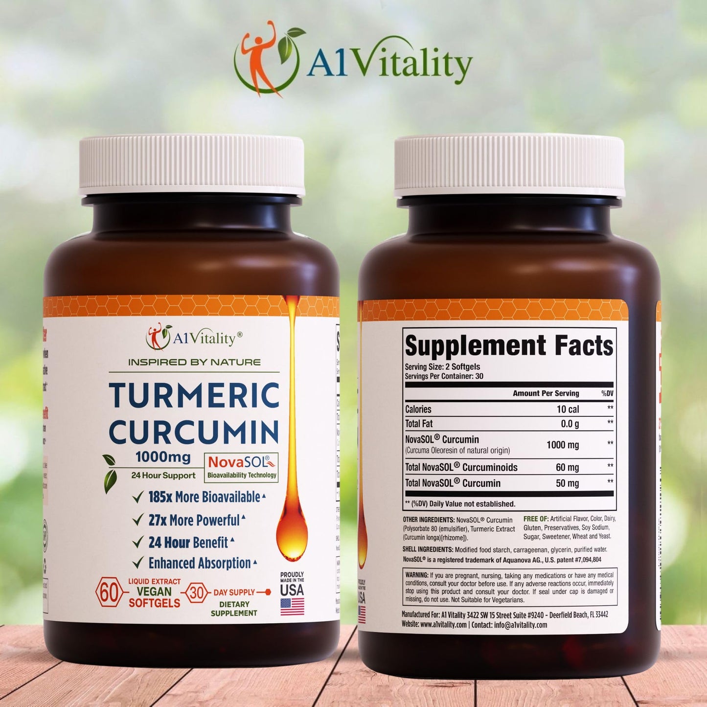 A1Vitality NovaSOL Turmeric Curcumin 1000mg – Clinically Proven 185x Higher Absorption – Promotes Joint Comfort, Mobility & Overall Wellness – Non-GMO, Doctor Formulated, 60 Softgels.