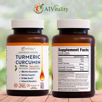 A1Vitality NovaSOL Turmeric Curcumin 1000mg – Clinically Proven 185x Higher Absorption – Promotes Joint Comfort, Mobility & Overall Wellness – Non-GMO, Doctor Formulated, 60 Softgels.