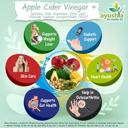 Ayushya Apple Cider Vinegar Capsules (ACV) with Kelp, Spirulina, Bromelain, Olive Leaf Digestive & Metabolic Wellness Support - Vegan, Gluten Free, Non-GMO, 60 Capsules