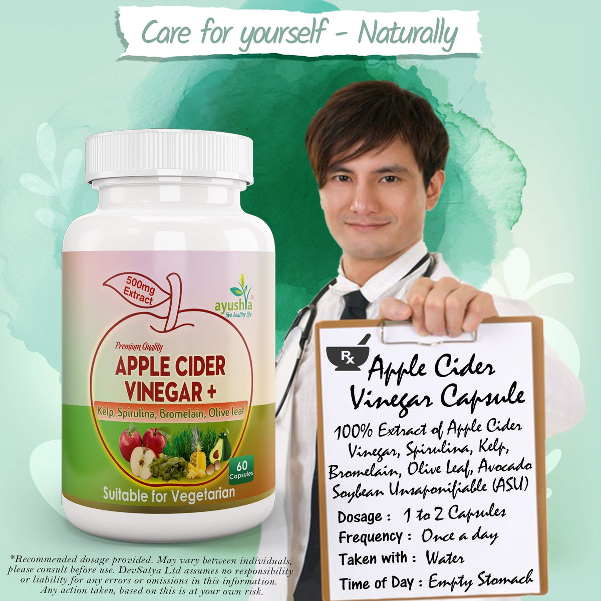 Ayushya Apple Cider Vinegar Capsules (ACV) with Kelp, Spirulina, Bromelain, Olive Leaf Digestive & Metabolic Wellness Support - Vegan, Gluten Free, Non-GMO, 60 Capsules