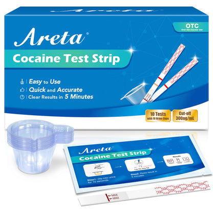 Areta Cocaine Test Strip – 10 Pack, 300 ng/mL, Instant 5 Min Results | ASCOC-114