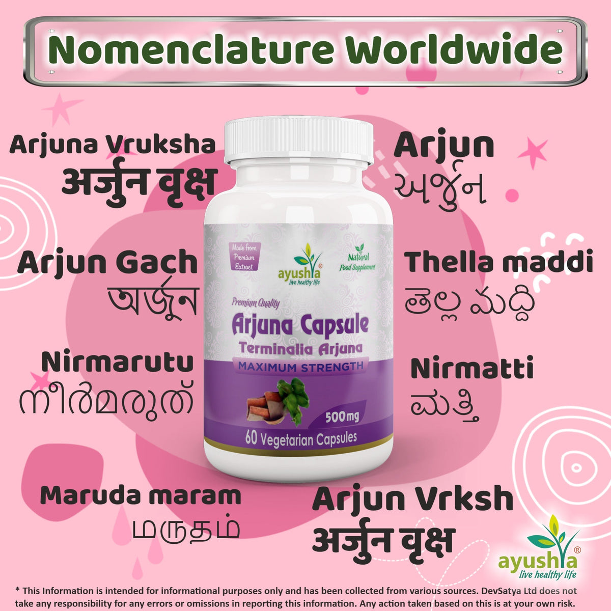 Ayushya Arjuna Capsules (Arjun Tree) Heart Wellness Support - Vegan, Gluten Free, Non-GMO, 60 Capsules