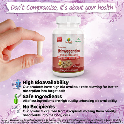Aushadh Ashwagandha with Turmeric & Piperine Capsules (Indian Ginseng) Stress Balance & Joint Comfort Support - Vegan, Gluten Free, Non-GMO, 60 Capsules