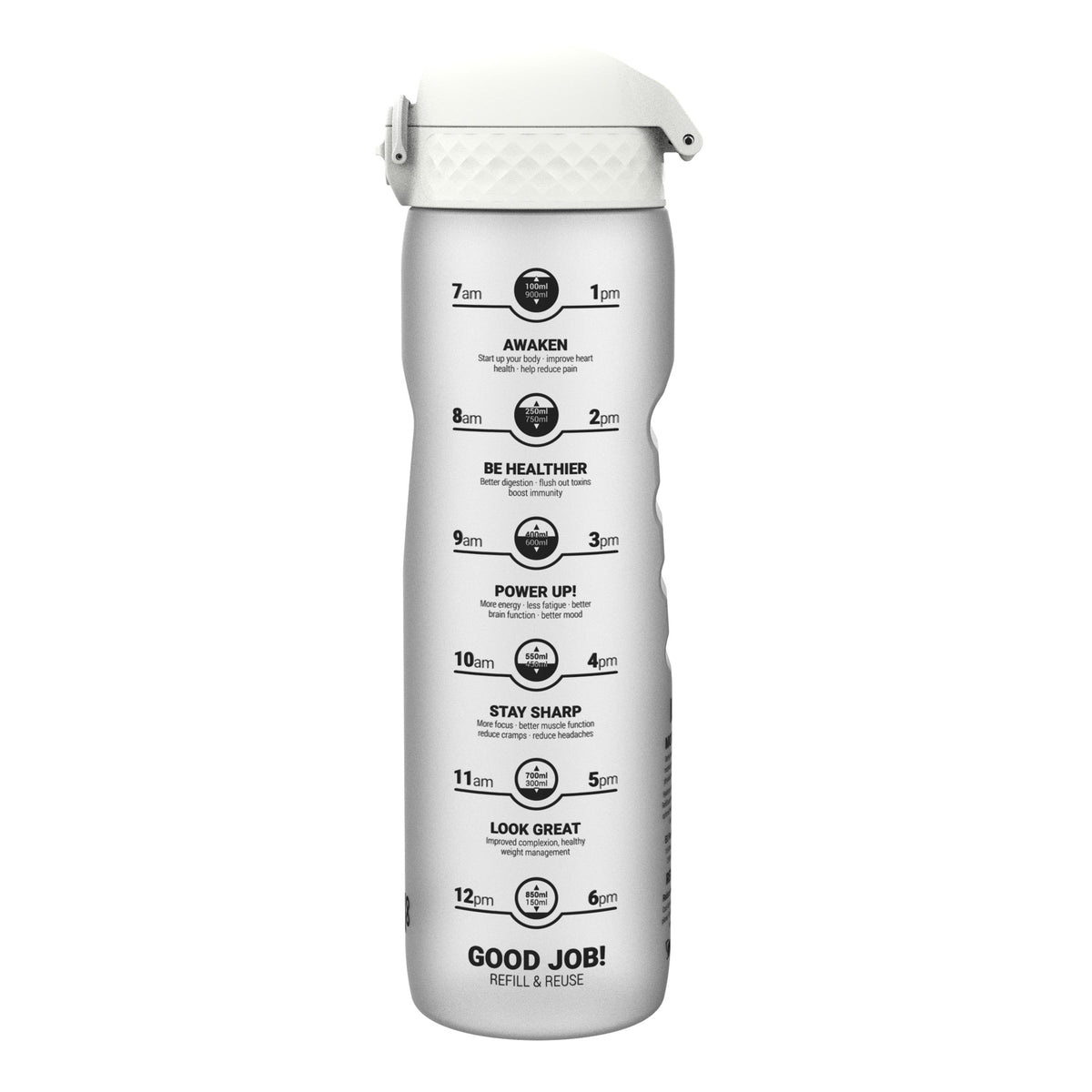 Leak Proof 1 Litre Water Bottle with Times to Drink, Recyclon, Ice, 1L