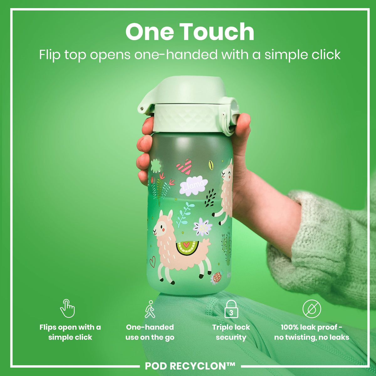 Leak Proof Kids Water Bottle, Recyclon, Llamas, 350ml (12oz)