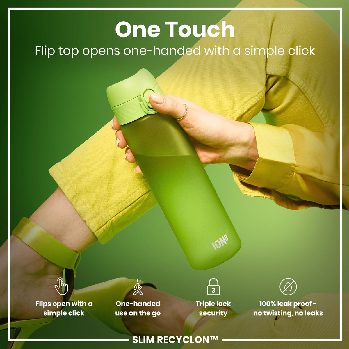 Leak Proof Slim Water Bottle, Recyclon, Green, 500ml (18oz)