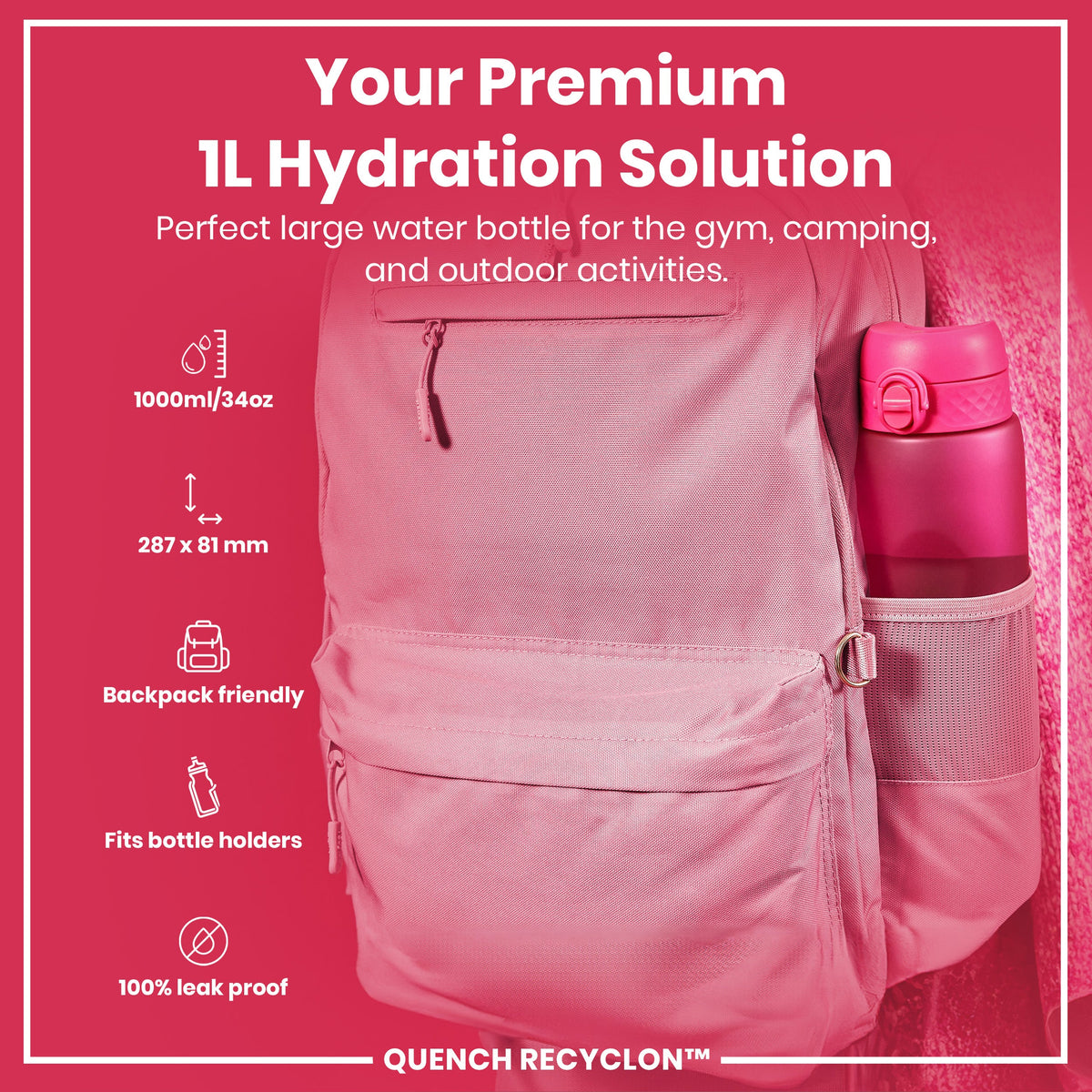 Leak Proof 1 litre Water Bottle, Recyclon, Pink, 1L