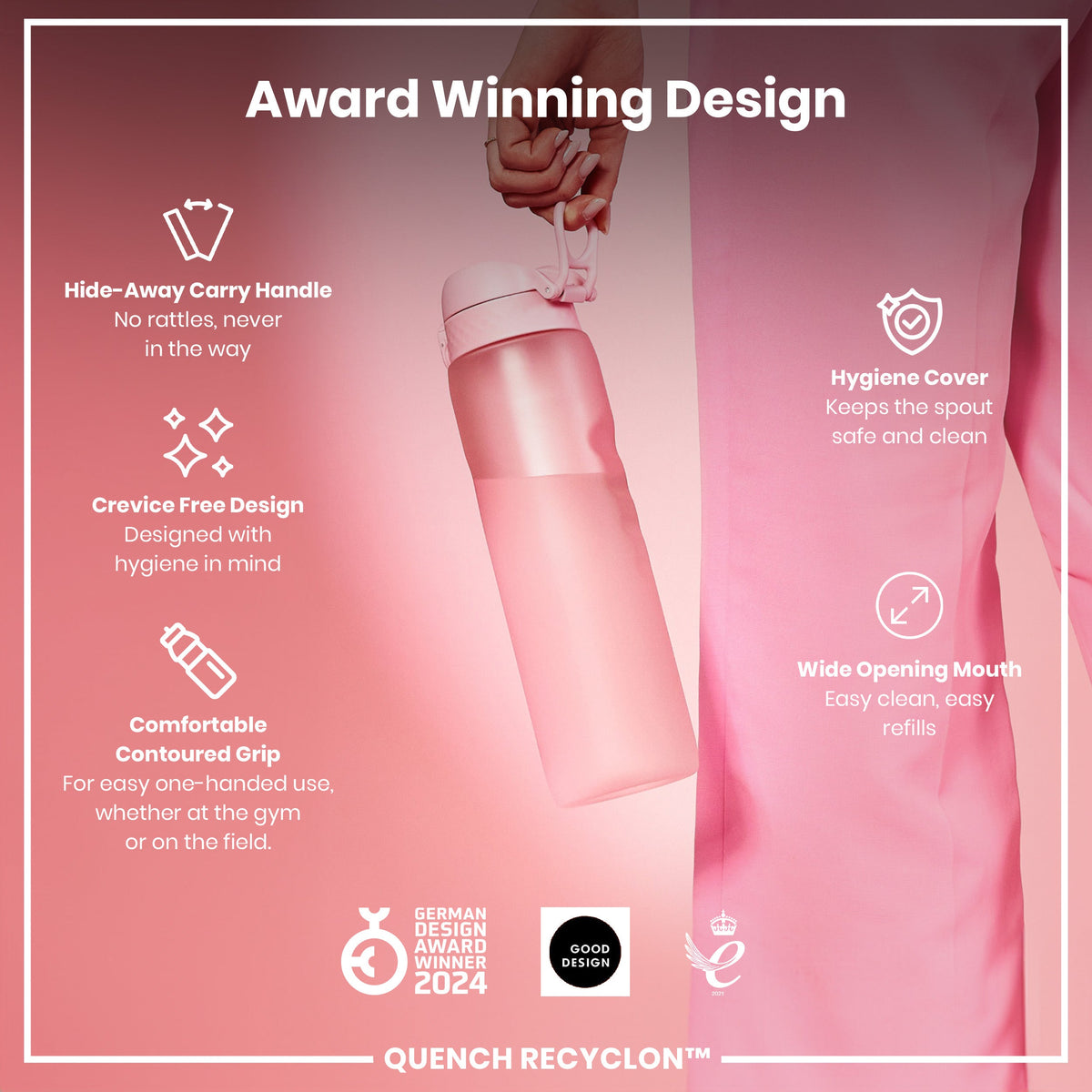 Leak Proof 1 litre Water Bottle, Recyclon, Rose Quartz, 1L