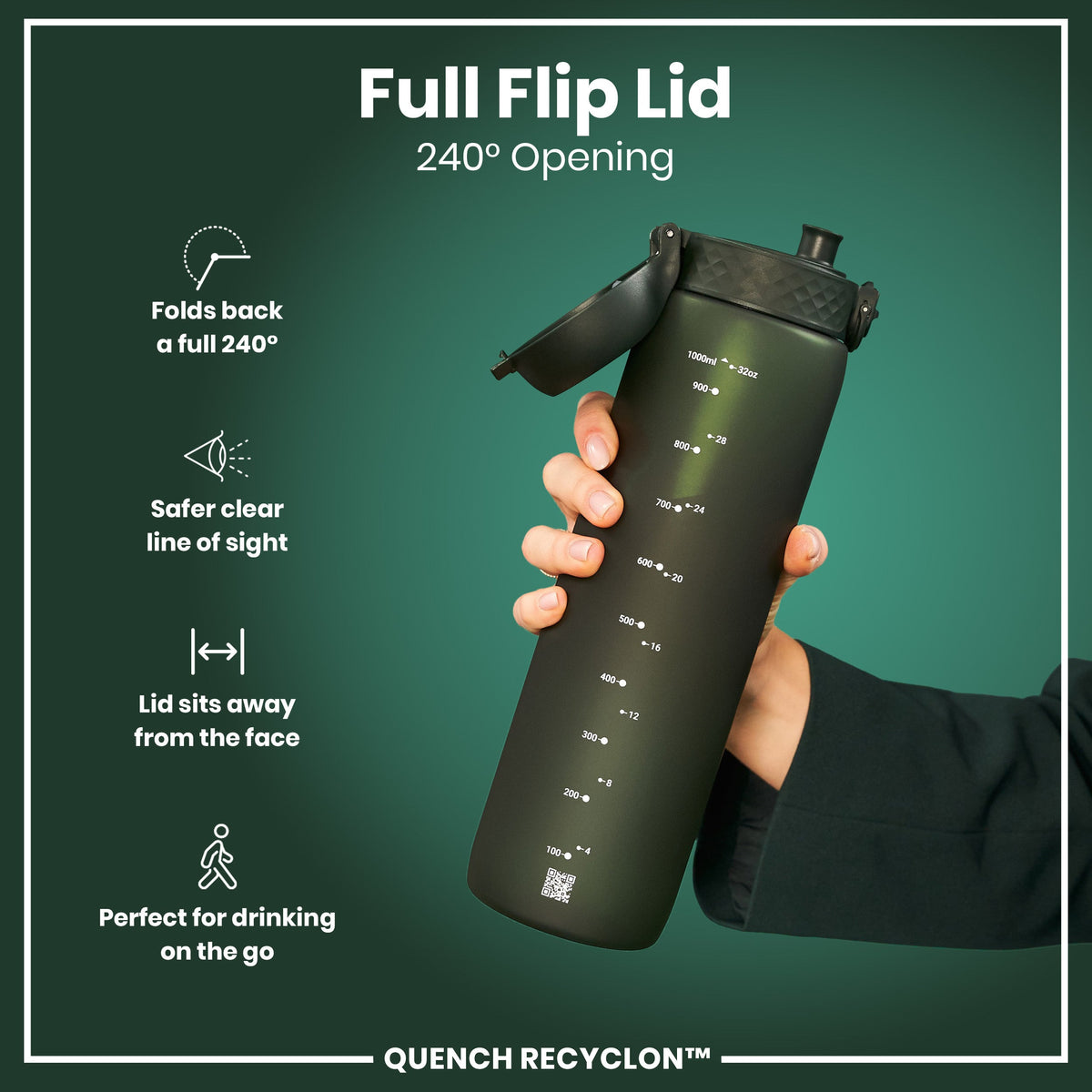 Leak Proof 1 litre Water Bottle, Recyclon, Dark Green, 1L