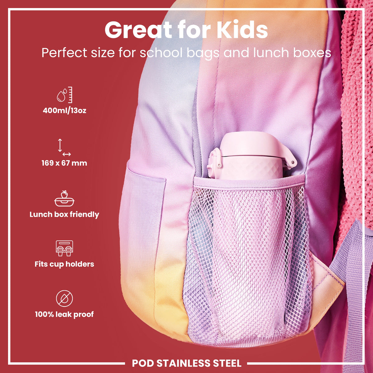 Leak Proof Kids Water Bottle, Stainless Steel, Lilac Dusk, 400ml (13oz)
