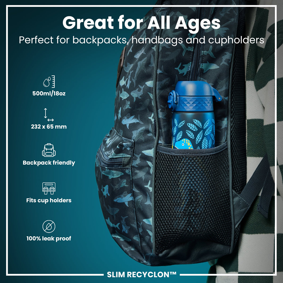 Leak Proof Slim Water Bottle, Recyclon, Dinosaurs, 500ml (18oz)