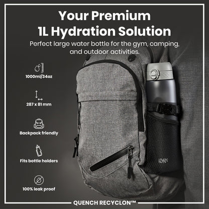 Leak Proof 1 litre Water Bottle, Recyclon, Grey, 1L