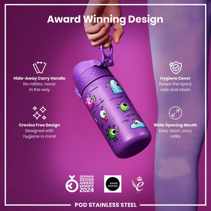 Leak Proof Kids Water Bottle, Stainless Steel, Aliens, 400ml (13oz)