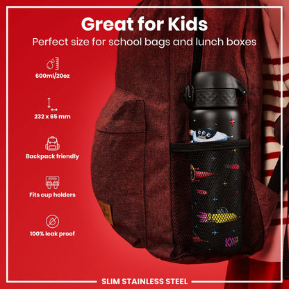 Leak Proof Slim Water Bottle, Stainless Steel, Spaceships, 600ml (20oz)