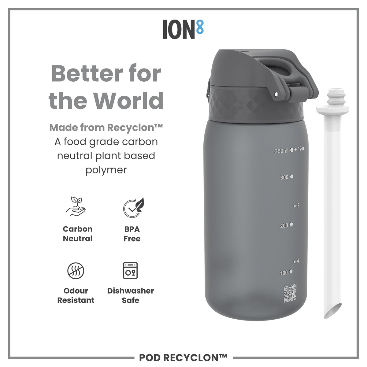 Leak Proof Small Water Bottle With Straw, Recyclon, Grey, 350ml (12oz)
