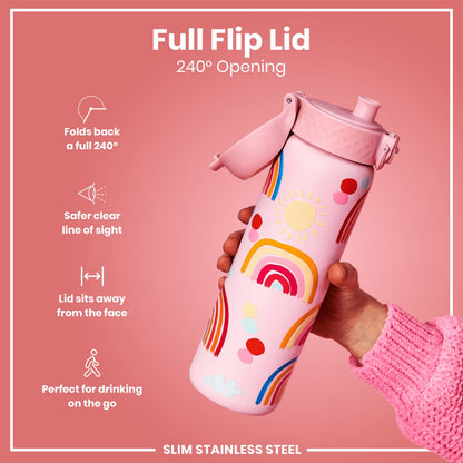 Leak Proof Slim Water Bottle, Stainless Steel, Rainbows, 600ml (20oz)