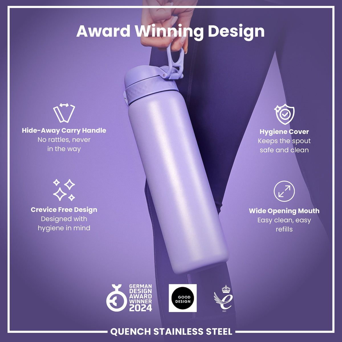 Leak Proof 1 Litre Water Bottle, Stainless Steel, Light Purple, 1L