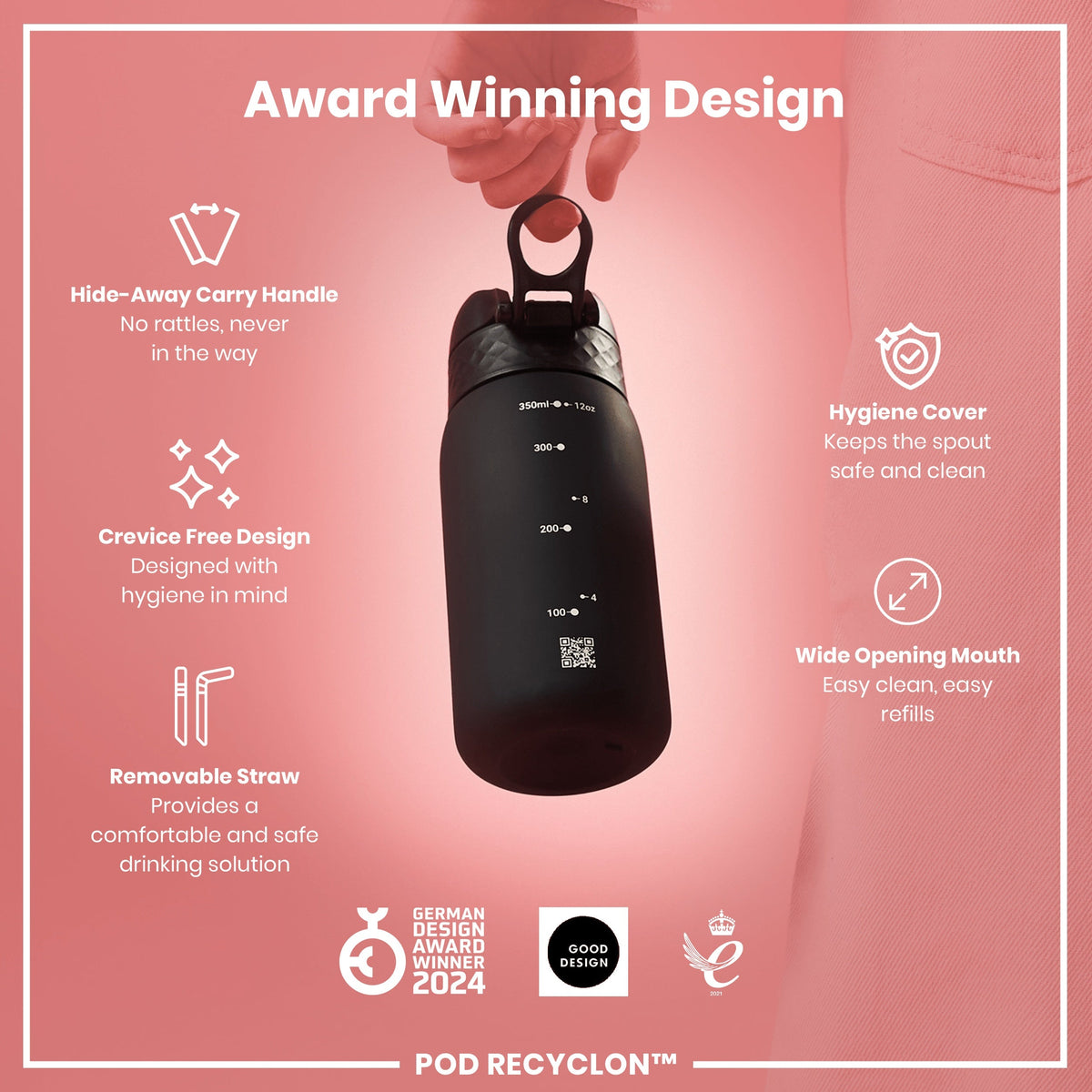 Leak Proof Small Water Bottle With Straw, Recyclon, Black, 350ml (12oz)