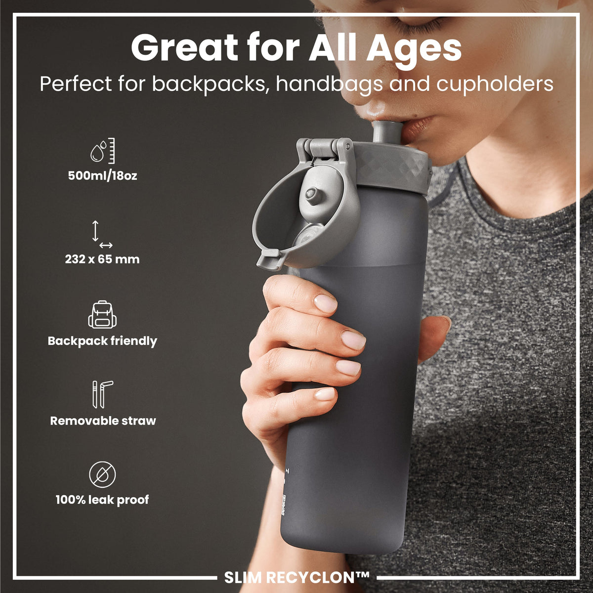 Leak Proof Medium Water Bottle with Straw, Recyclon, Grey, 500ml (18oz)