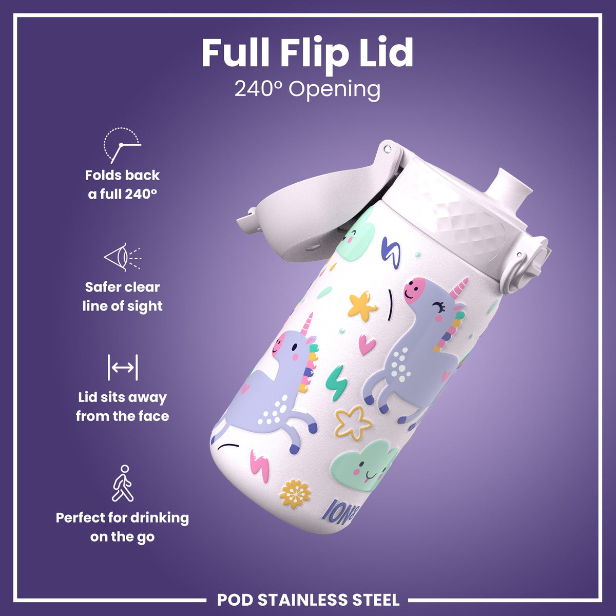 Leak Proof Kids Water Bottle, Stainless Steel, Unicorns, 400ml (13oz)