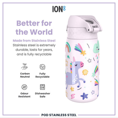 Leak Proof Kids Water Bottle, Stainless Steel, Unicorns, 400ml (13oz)