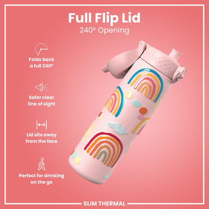 Leak Proof Slim Thermal Steel Water Bottle, Insulated, Rainbows, 500ml (17oz)