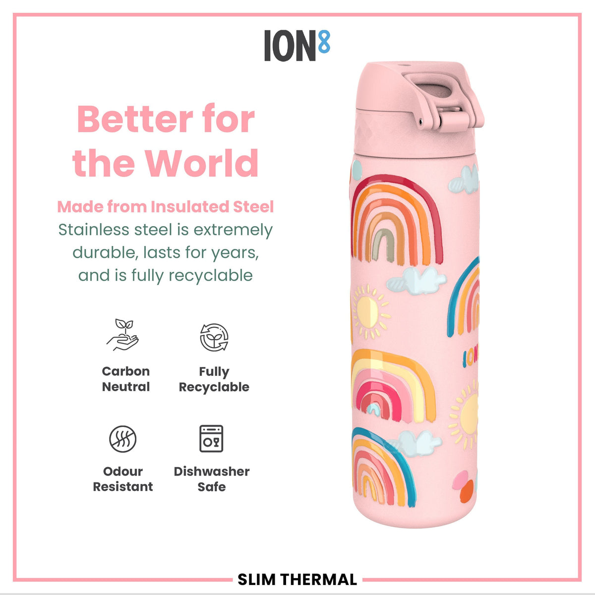 Leak Proof Slim Thermal Steel Water Bottle, Insulated, Rainbows, 500ml (17oz)