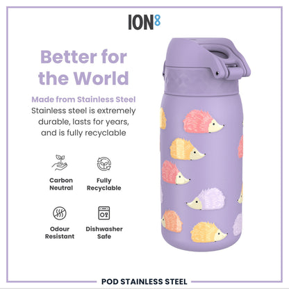 Leak Proof Kids Water Bottle, Stainless Steel, Hedgehogs, 400ml (13oz)