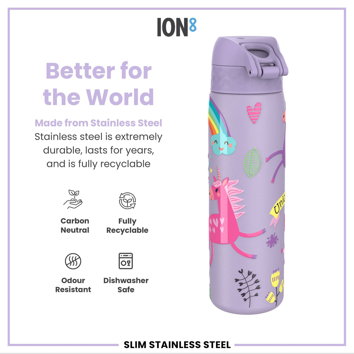 Leak Proof Slim Water Bottle, Stainless Steel, Purple Unicorns, 600ml (20oz)