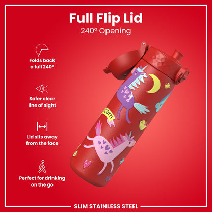 Leak Proof Slim Water Bottle, Stainless Steel, Red Unicorns, 600ml (20oz)
