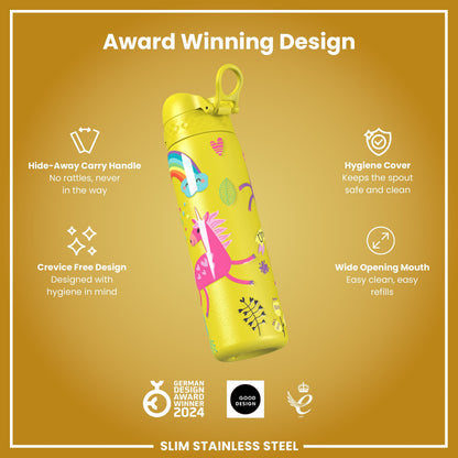 Leak Proof Slim Water Bottle, Stainless Steel, Yellow Unicorns, 600ml (20oz)