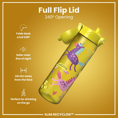 Leak Proof Slim Water Bottle, Recyclon, Yellow Unicorns, 500ml (18oz)