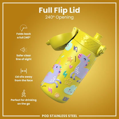 Leak Proof Kids Water Bottle, Stainless Steel, Yellow Unicorns, 400ml (13oz)
