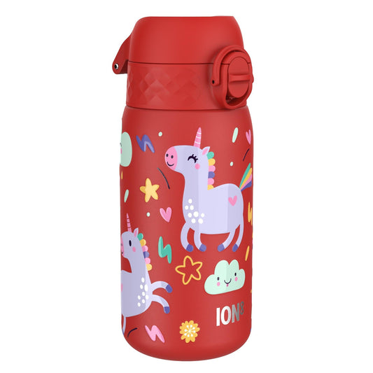Leak Proof Kids Water Bottle, Stainless Steel, Red Unicorns, 400ml (13oz)