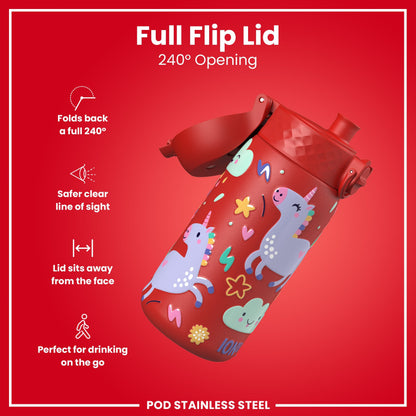 Leak Proof Kids Water Bottle, Stainless Steel, Red Unicorns, 400ml (13oz)