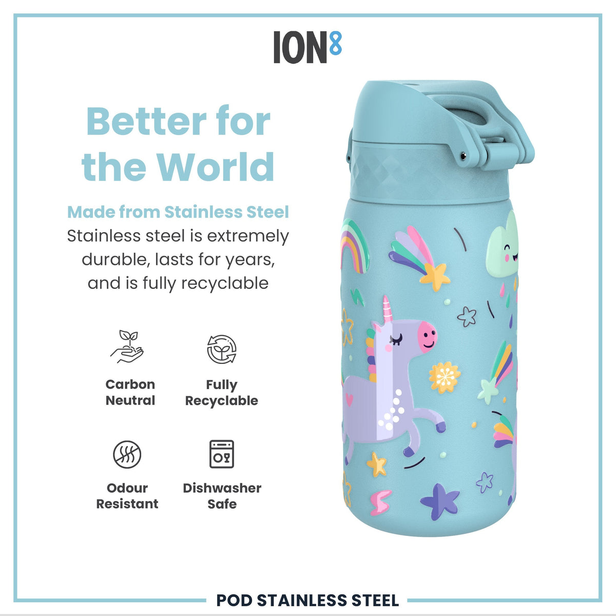 Leak Proof Kids Water Bottle, Stainless Steel, Blue Unicorns, 400ml (13oz)