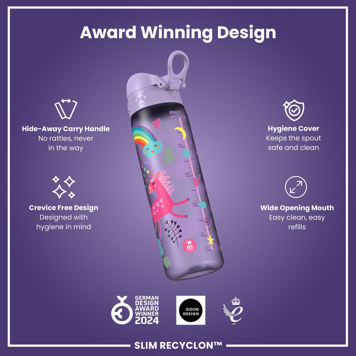 Leak Proof Slim Water Bottle, Recyclon, Purple Unicorns, 500ml (18oz)