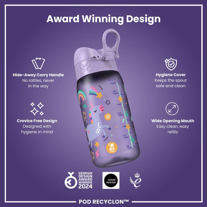 Leak Proof Kids Water Bottle, Recyclon, Purple Unicorns, 350ml (12oz)