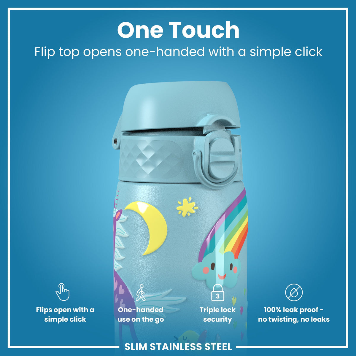 Leak Proof Slim Water Bottle, Stainless Steel, Blue Unicorns, 600ml (20oz)