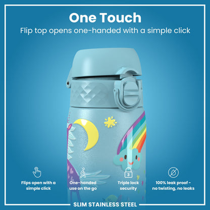 Leak Proof Slim Water Bottle, Stainless Steel, Blue Unicorns, 600ml (20oz)