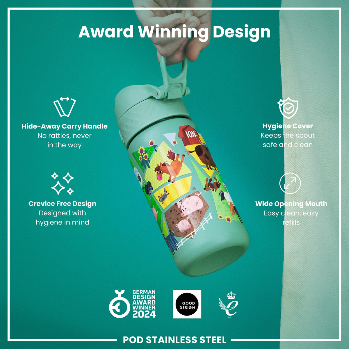 Leak Proof Kids Water Bottle, Stainless Steel, Farming Animals, 400ml (13oz)