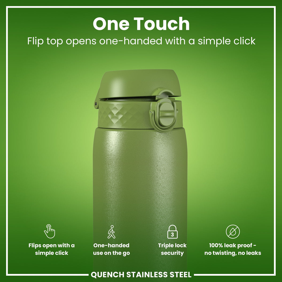 Leak Proof 1 Litre Water Bottle, Stainless Steel, Khaki Green, 1L