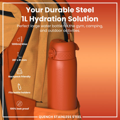 Leak Proof 1 Litre Water Bottle, Stainless Steel, Hearty Orange, 1L