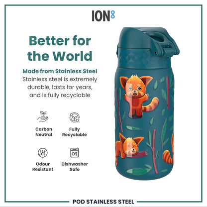 Leak Proof Kids Water Bottle, Stainless Steel, Red Pandas, 400ml (13oz)