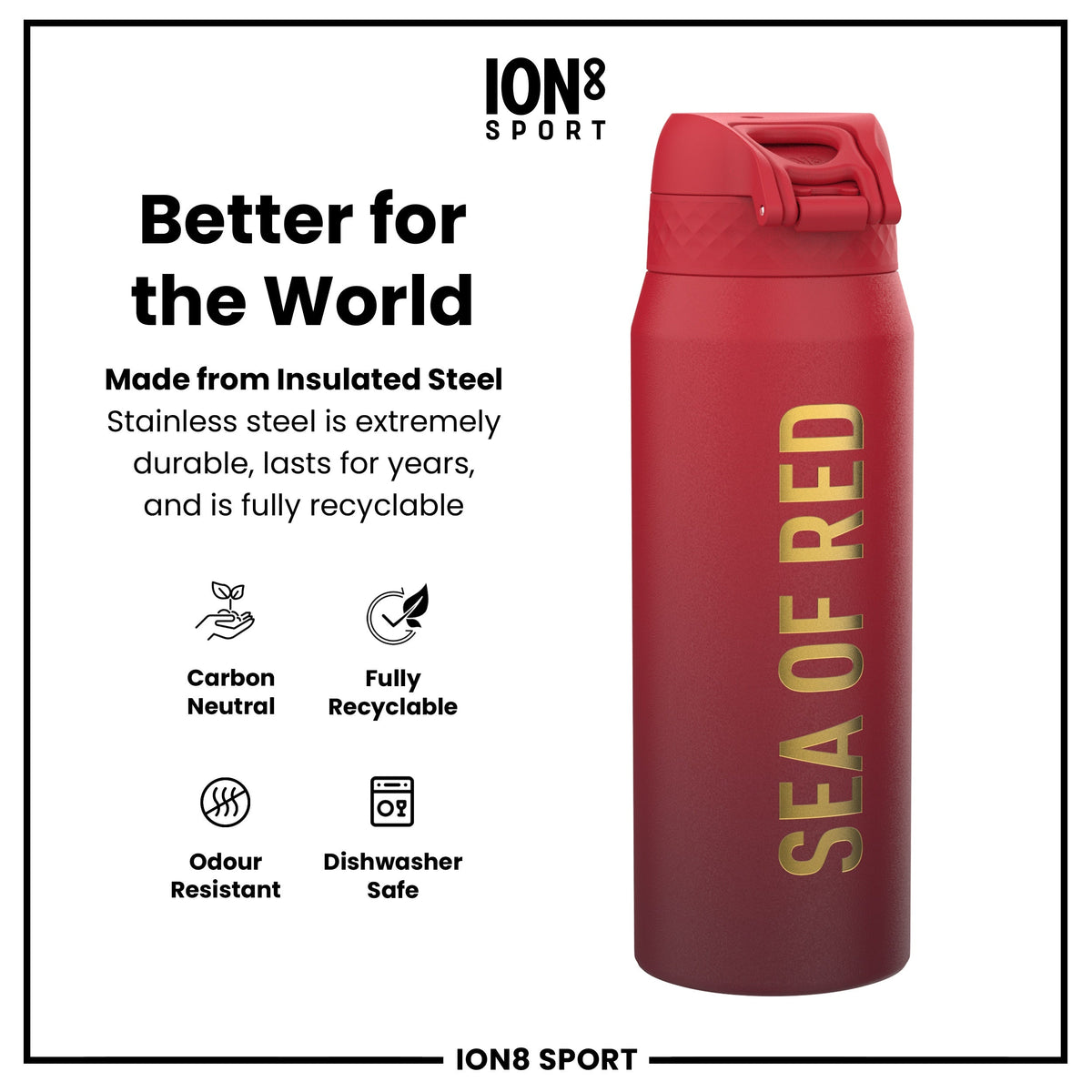 Lions X ION8 Insulated Steel Water Bottle, British & Irish Lions, Sea of Red, 750ml (24oz)