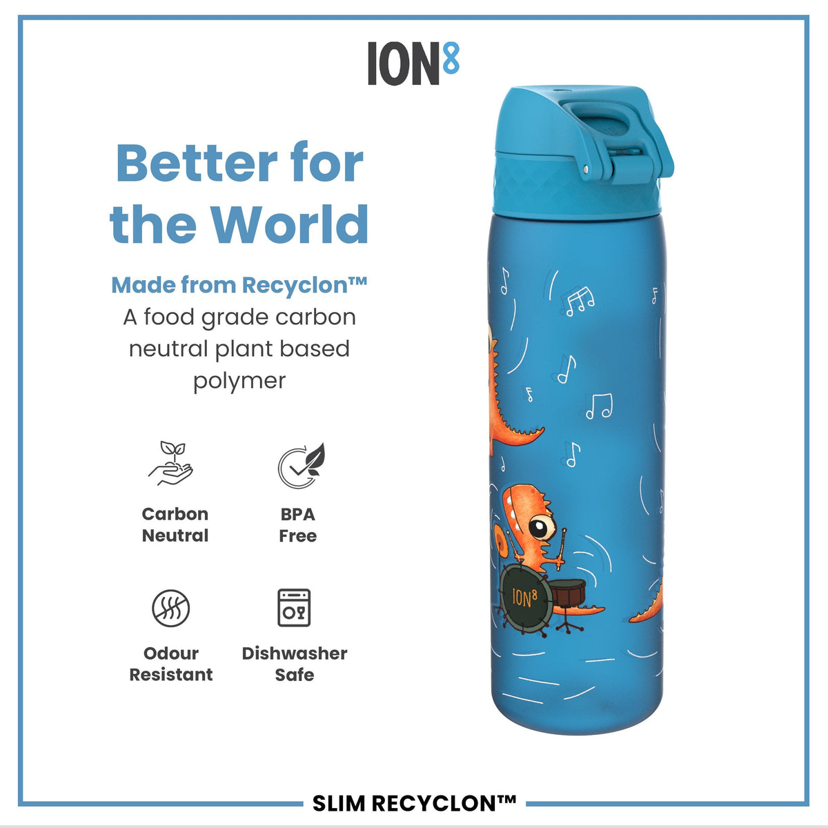 Leak Proof Slim Water Bottle, Recyclon, Dino Band, 500ml (18oz)