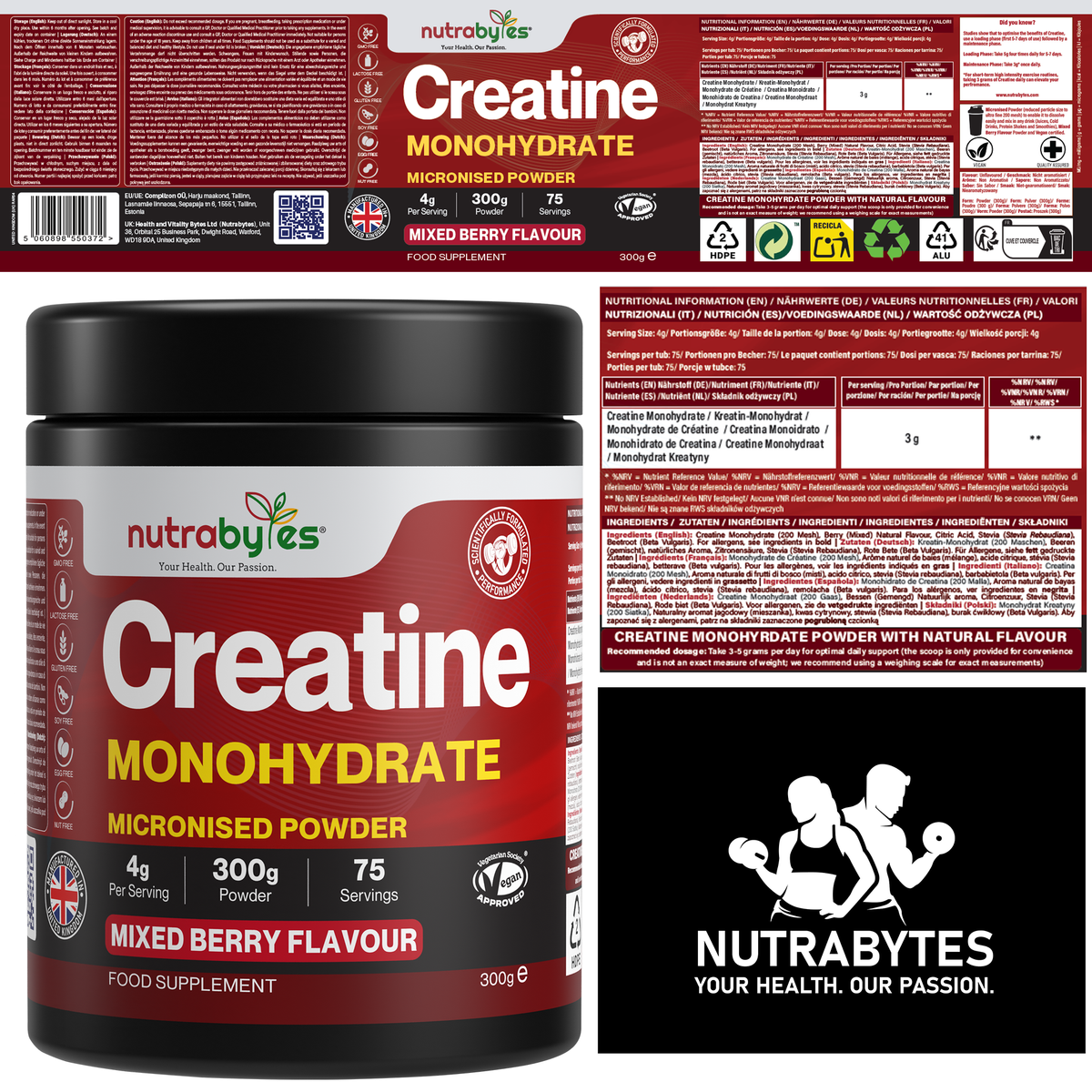 Flavoured Creatine Monohydrate, 300g Mixed Berry