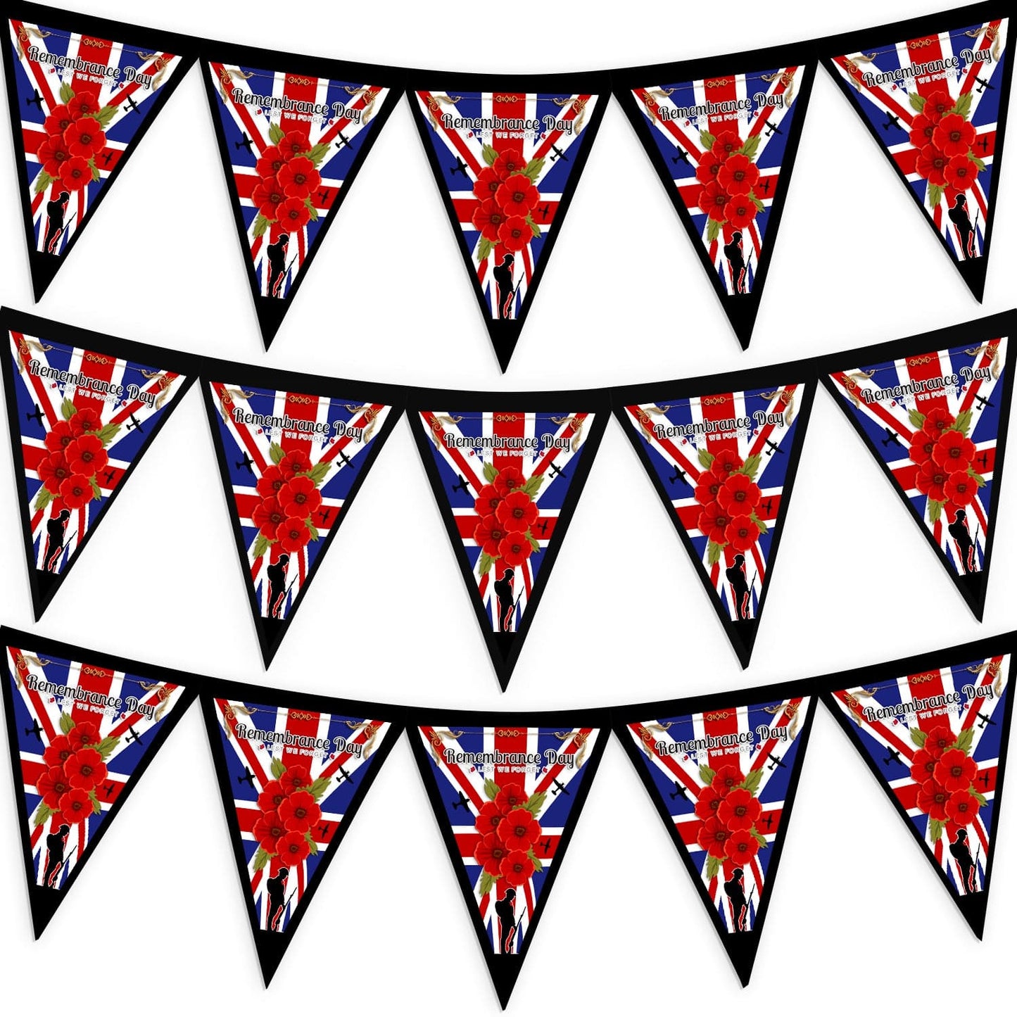 Remembrance Day - Gold Flag Edge - 3m Fabric Bunting With 15 Individual Triangles