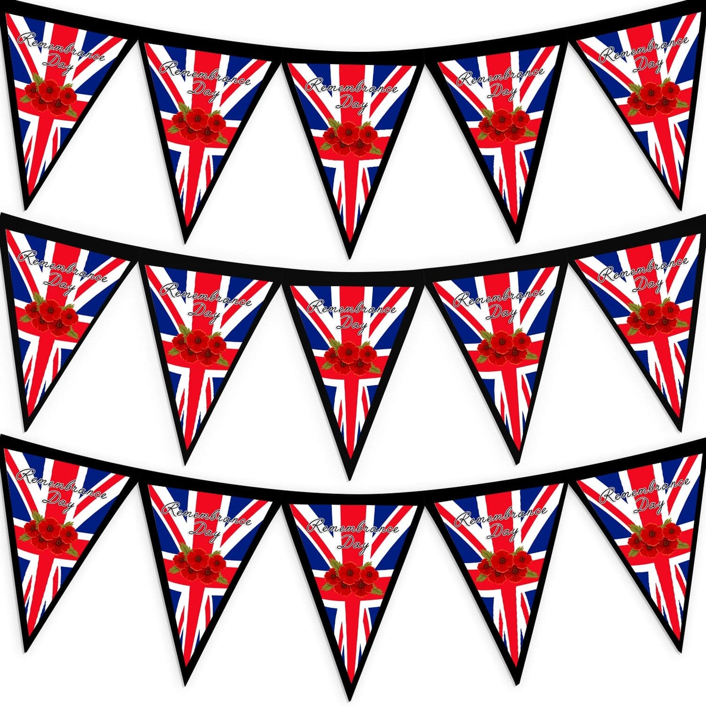 Remembrance Day - Poppy Flag - 3m Fabric Bunting With 15 Individual Triangles