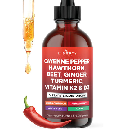 Cayenne Pepper Liquid Drops with Hawthorn Berry, D3 K2, Beet Root, Cinnamon & Turmeric - 2oz